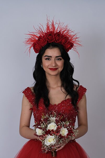 Hayalperest boncuk Kadife Güllü Tüylü Tasarım Gelin Kına Tacı