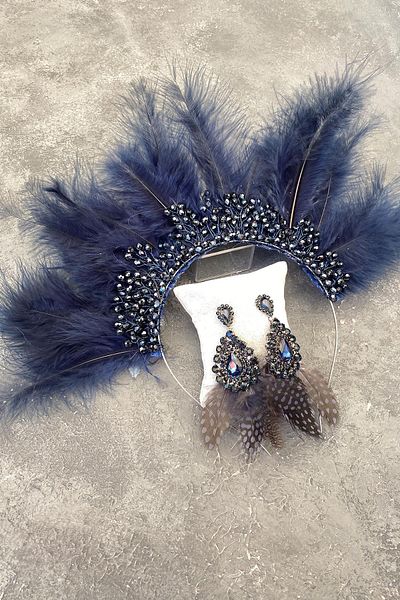 Hayalperest boncuk Coroană și cercei de mireasă cu mărgele de cristal Maya Feather albastru bleumarin