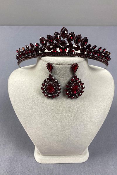 Hayalperest boncuk Set de cercei cu coroană de henna și piatră de migdale Leyn de mireasă burgundy