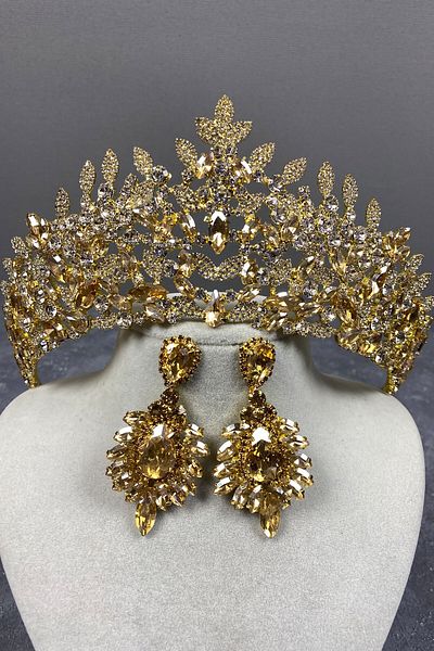Hayalperest boncuk Set de cercei cu coroană și cercel cu henna pentru mireasă Oscar de culoare miere
