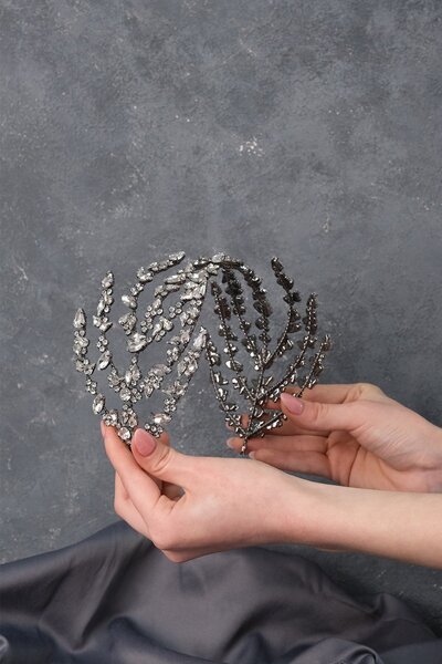 Hayalperest boncuk Coroană de henna pentru mireasă Helen, argintie, cu două fețe