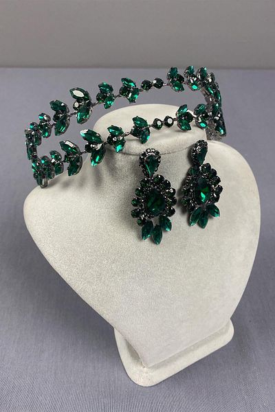 Hayalperest boncuk Alpha Model Double Row Bridal Henna Crown and Shuttle Earrings