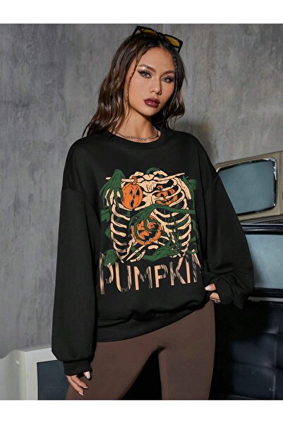 donamod Hanorac cu umăr cu imprimeu cu dovleac și schelet din seria Coke