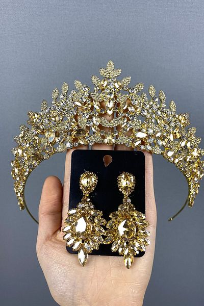 Hayalperest boncuk Oscar Bridal Henna Crown and Shuttle Earring Set