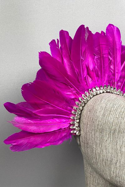 Hayalperest boncuk Fuchsia Hera Bridal Henna Crown - Feather and Stone Detailed Accessory