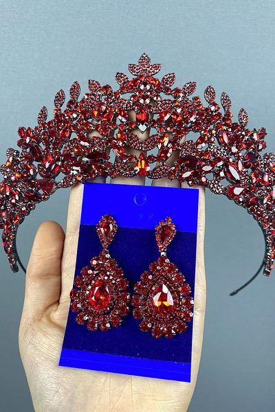 Hayalperest boncuk Red Oscar - Bridal, Henna Crown and Drop Earring Set