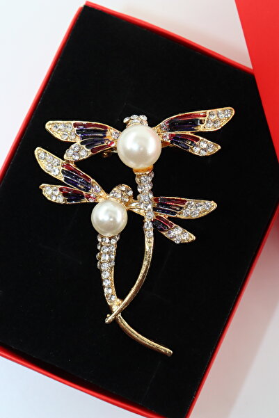 KEEBA Zamanın durduğu an Gold renk incili yusufçuk kadın broş kristal taşlı y...