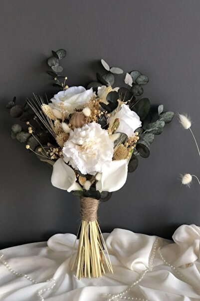 Genel Markalar Gelin Buketi Kuru Çiçekli Okaliptuslu Damat Yaka Çiçeği