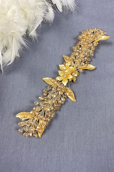 Hayalperest boncuk Honey Colored Leaf And Crystal Beaded Bridal Hair And Turban Accessory