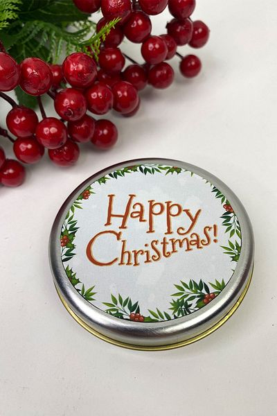 Hayalperest boncuk Στρογγυλό ασημί κουτί - Κερί με στάμπα Happy Christmas