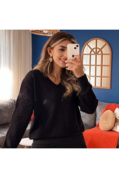 MODA Women's Long Sleeve V Neck Sleeve Hollowed Out Diamond Pattern Detailed ...