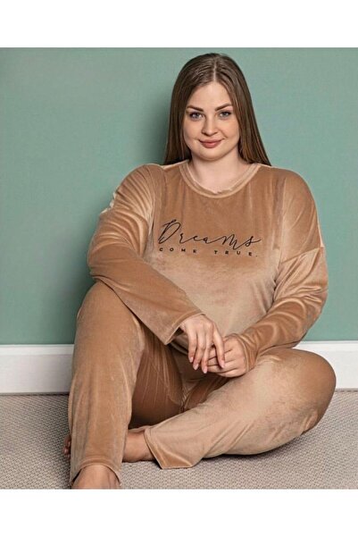 İpek Women's Long Sleeve Velvet Plus Size Pajama Set