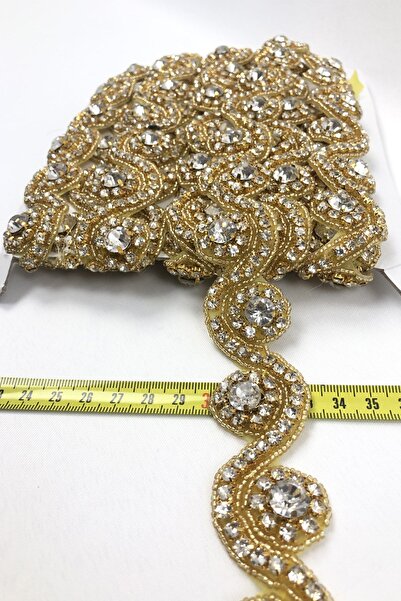 Hayalperest boncuk Sarı Su Yolu Desenli Ütüyle Yapışan Taşlı Şerit