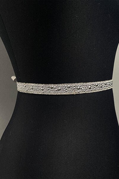 Hayalperest boncuk Parlak Gümüş Boncuk İşlemeli Taşlı Abiye Elbise Kemeri