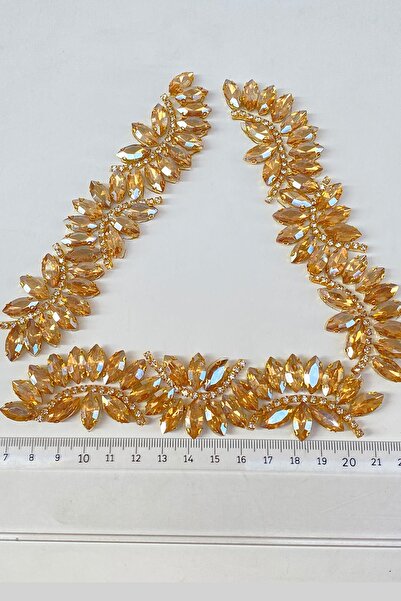 Hayalperest boncuk Bal Rengi Su Yolu Motifli Ütüyle Yapışan Parlak Taşlı Aplik