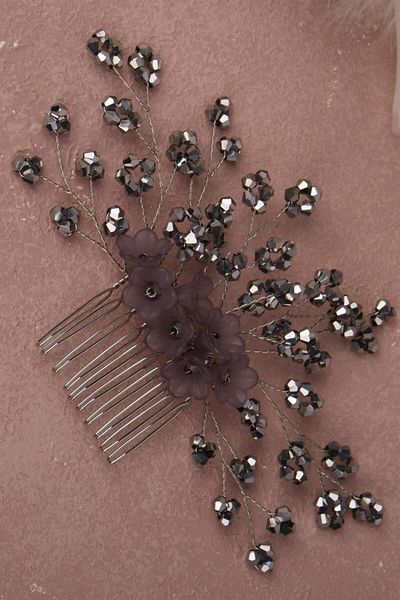 Hayalperest boncuk Bridal Hair Accessory - Gray Flower Beaded Comb Barrette
