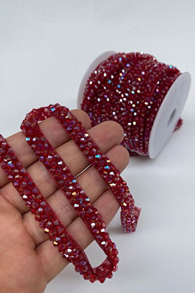 Hayalperest boncuk Bordo Janjanlı Kristal Boncuk İşlemeli Şerit