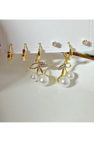 mos&more 925 Ayar Gümüş 6 lı Kiraz-Taşlı-Halka Kadın Küpe Seti