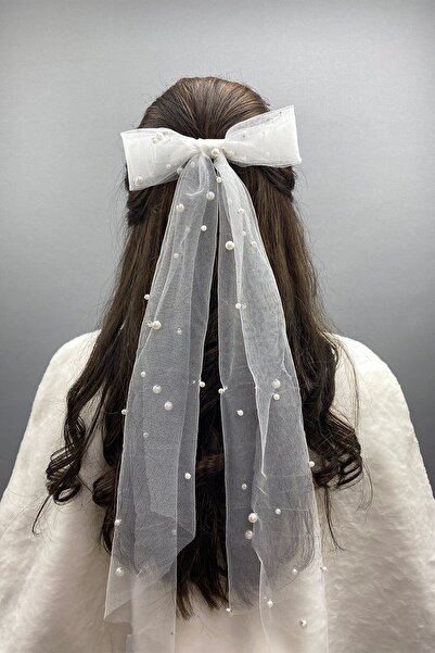 Hayalperest boncuk إكسسوار شعر بإبزيم على شكل فيونكة من التول واللؤلؤ