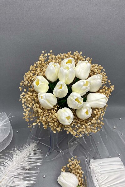 Hayalperest boncuk Islak Laleli Cipsolu Gelin Çiçeği,Nikah Şapkası ve Gelin Eldiveni Seti