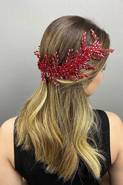 Hayalperest boncuk Burgundy Arya Branch Motif Crystal Bridal Hair Accessory