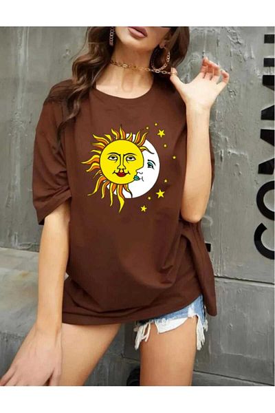 İpli Oversize T-Shirt Sun Printed Brown Color