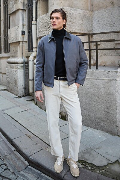 Danger Ανδρικό δερμάτινο μπουφάν με λεπτομέρειες από σουέντ ανθρακί