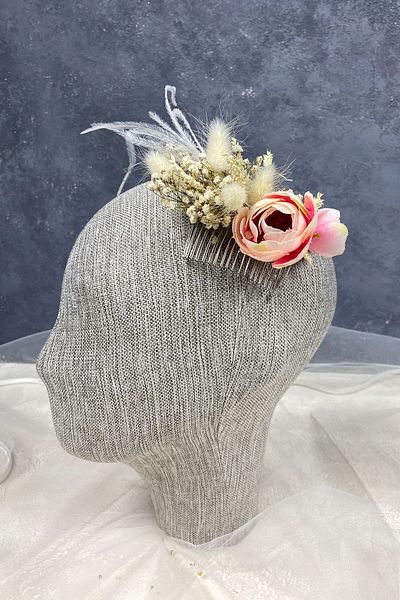 Hayalperest boncuk Salmon Feather and Cipso Flower Comb Hair Accessory