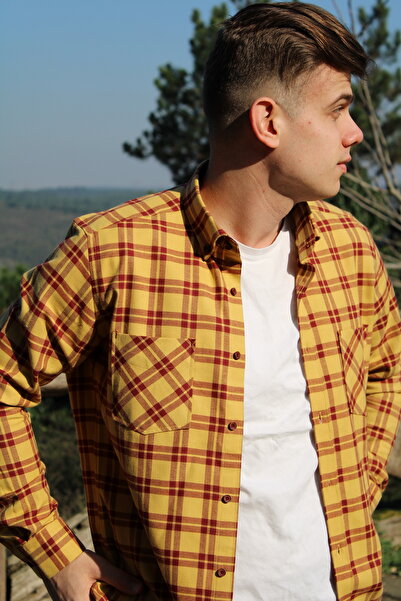 BAŞKONT Gömlek Slim Fit Baharlık Ekose Sarı Pamuklu Kumaş Düğmeli Yaka Erkek Gömlek
