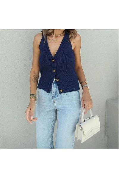 Hotfashion Women's Navy Blue Halter Neck Buttoned Knitwear Vest Sweater