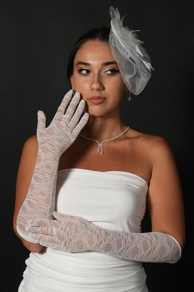 Hayalperest boncuk Likralı Dantel Uzun Gelin Eldiveni Ve Düz Vualet Nikah Şapkası