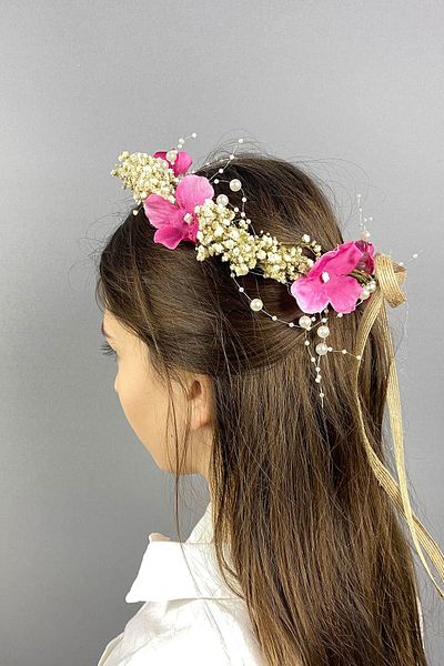 Hayalperest boncuk Accesoriu pentru păr de mireasă pentru fotografiere în aer liber cu perle de flori uscate de hortensie