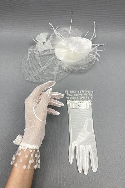 Hayalperest boncuk Polka Dot Bridal Gloves and Wedding Hat