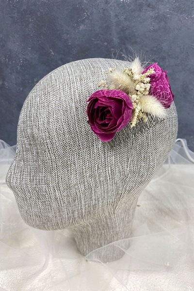 Hayalperest boncuk Accesoriu pentru agrafă de păr din bumbac fucsia închis, iarbă, cipso și flori artificiale