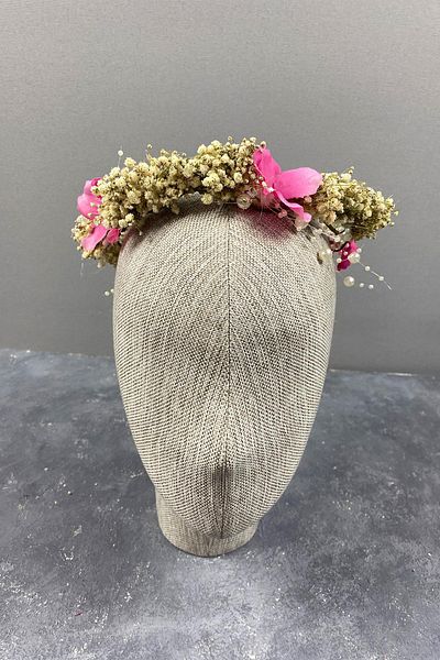 Hayalperest boncuk Pink Flower Patterned Bridal Crown - Hydrangea and Shocked Cipso