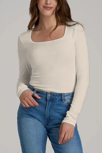 CHEISU Ecru Women's T-Shirt - Long Sleeve, Square Neck, Ribbed Camisole Blouse