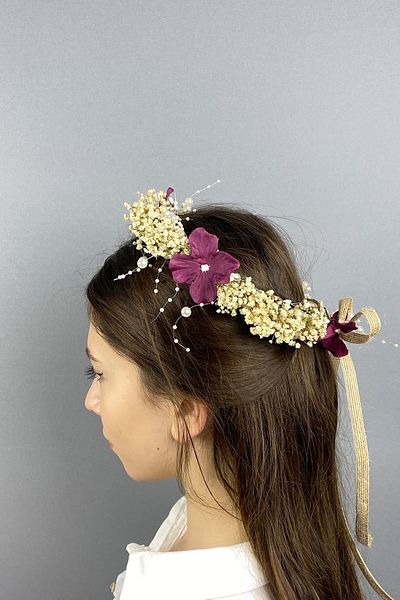 Hayalperest boncuk Accesoriu pentru păr de mireasă pentru fotografiere în aer liber cu flori uscate și perle de hortensie burgundă