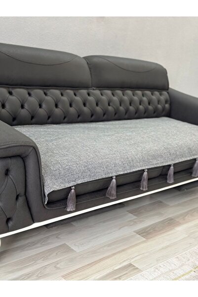 DESİGNBYASYAA Döşemelik Keten Kumaş Püsküllü Koltuk Örtüsü Kaymaz Sırt Ve Oturma Yerini Kaplar 140x200 Cm