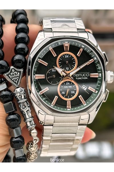 Ferrucci Men's Silver Color Steel Band Green Dial Calendar Function Wrist Watch and Bracelet Rosary