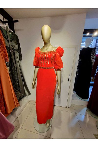 Robes Γυναικείο κομψό βραδινό φόρεμα με μανίκια με πέτρα και σχισμή με στράπλες
