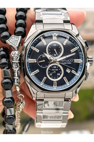 Ferrucci Navy Blue Men's Wrist Watch and Bracelet Rosary with Smoked Color Steel Band - Function