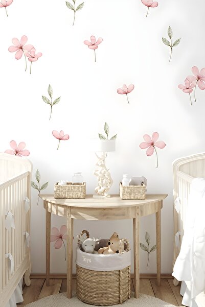 Grafikup Pink Wild Flowers and Leaves - Children's Baby Room Flower Sticker Set