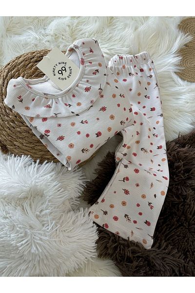MODA Flower Patterned Twill Girl's Double Bottom Top Set