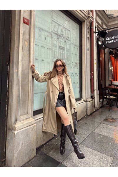 MEECY Women's Cream Belted New Season Trench Coat