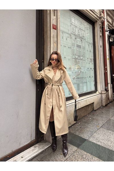 MEECY Cremefarbener Trenchcoat für Damen der neuen Saison mit Gürtel