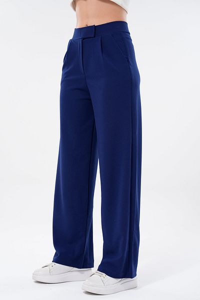 vuvutasarım Crepe Fabric Velcro Closure Wide Leg Pocket Navy Blue Women's Trousers 001