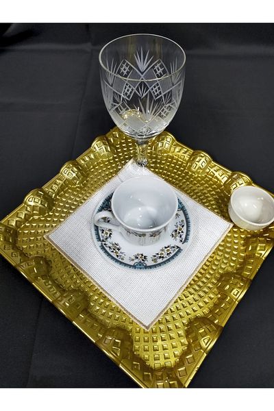 NAKIŞ ATÖLYESİ 6 Pieces Suitable for Etamin Processing Linen Linen Fabric Gold Square Brown Cocktail Presentation Napkin