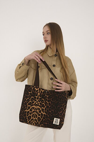 Pure Touch | Kanvas Çanta, Yıkanabilir, Astarlı, Mıknatıslı, İç Cepli, Kahverengi, Leopar Desenli