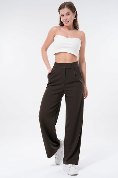 vuvutasarım Crepe Fabric Velcro Closure Wide Leg Pocket Brown Women's Trousers 001