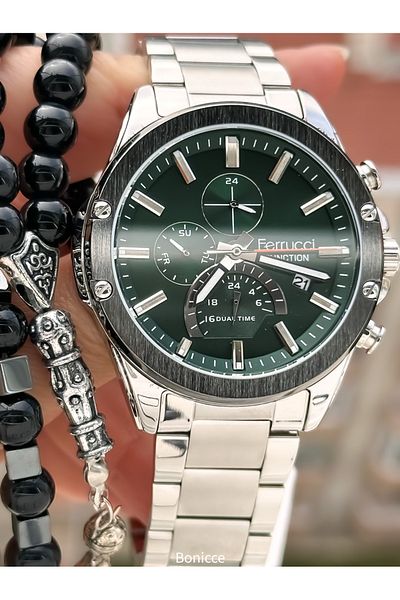 Ferrucci Brand Silver Color Steel Band, Green Dial,Calendar,Function Men's Wrist Watch+Bracelet Rosary